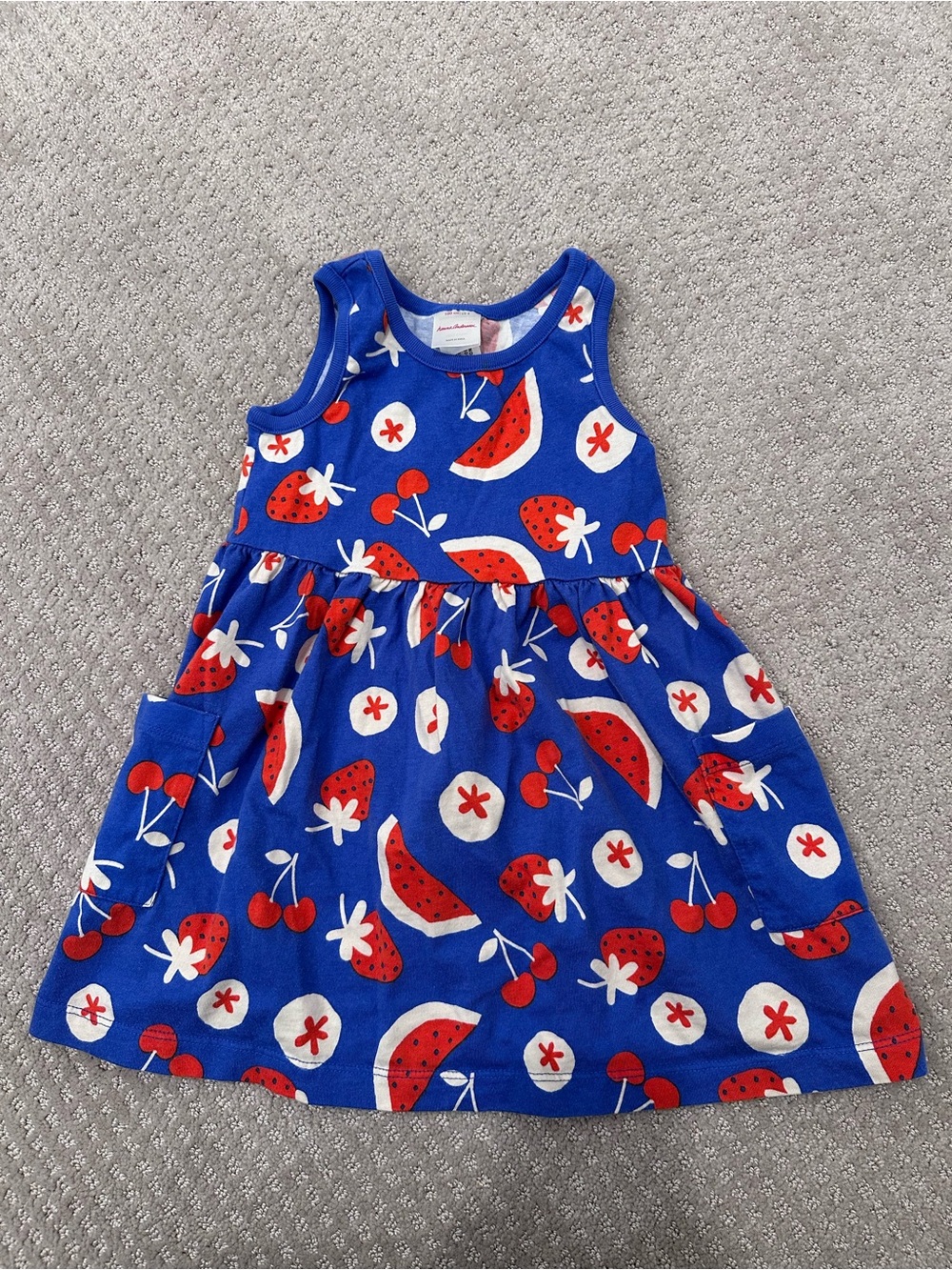 Hanna Andersson Sleeveless Playground Dress, Fruit Party on Blue, Size 4